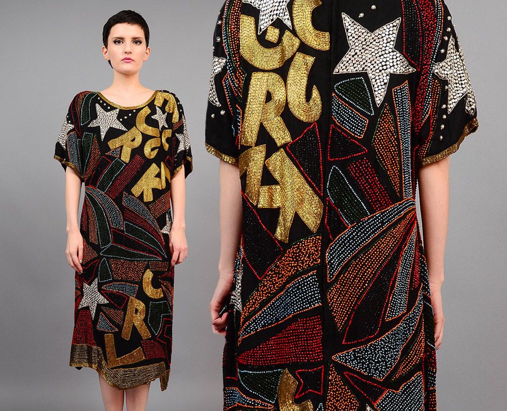 Vintage 80/'s Sequin Black Silk Vest MediumLarge