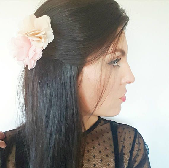Peigne fleur corail et nude mariage bohème champêtre, accessoire cheveux fleur...
