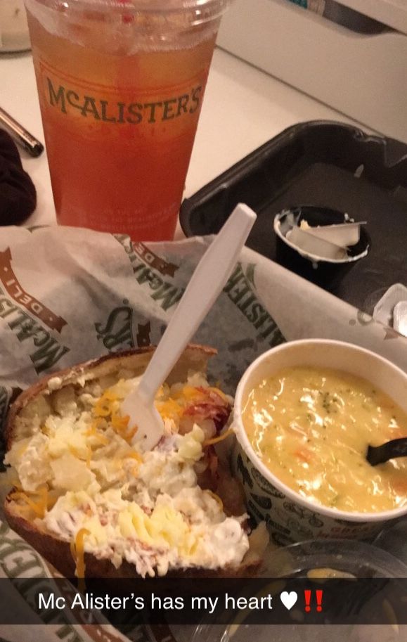 McAlister’s food ! Broccoli cheddar soup, and spud with a McAlister’s food ! Broccoli cheddar soup, and spud with a