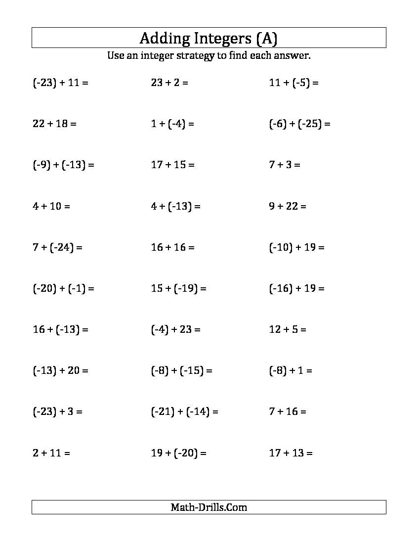 Adding Integers From (-25) To 25 (Negative Numbers In Parentheses - Adding Integers From (-25) To 25 (Negative Numbers In Parentheses