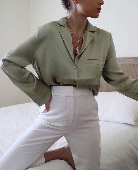 green top white pants