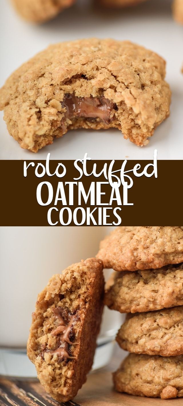 The BEST Oatmeal Cookies are stuffed with ROLOS! Rolo Stuffed Oatmeal Cookies are a family favorite and are such an easy cookie recipe filled with chocolate and caramel in the BEST Oatmeal Cookie! #quickcookierecipes