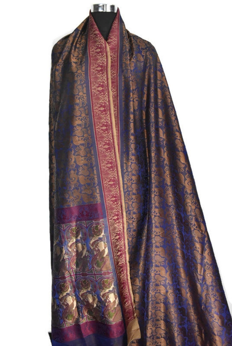 Vintage Silk Sari 100% Pure Silk Satin Saree Blue Banarasi | Etsy Silk Brocade, Silk Satin, Banarasi Sarees, Zari, Silk Sarees, Dressing Table Runners, Satin Saree, Vintage Silk