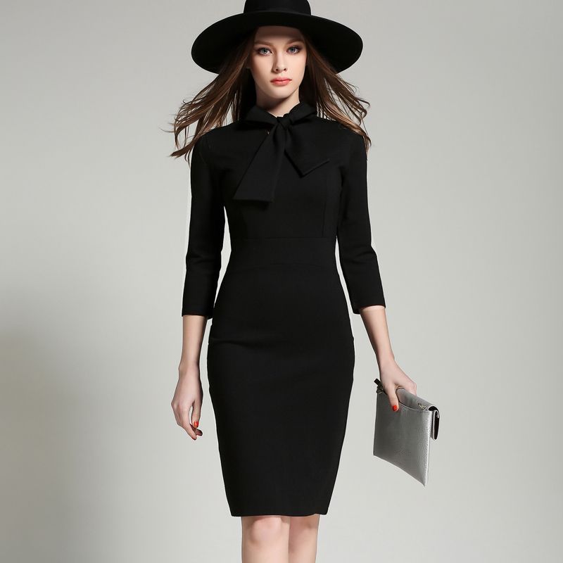 Korean Black Office Dress Women 2017 Vestidos Femininos Korean Black Office Dress Women 2017 Vestidos Femininos Robes For Package Hip Bow Vintage