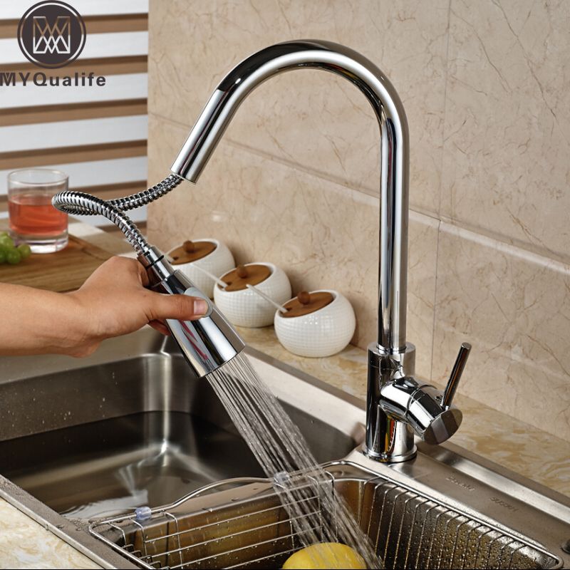 Chrome Finish Pull Out Sprayer Head Kitchen Sink Faucet Single Handle Mixer Taps Kitchen Faucet Taps Pull Out Kitchen Faucet Kitchen Mixer Taps Kitchen Mixer