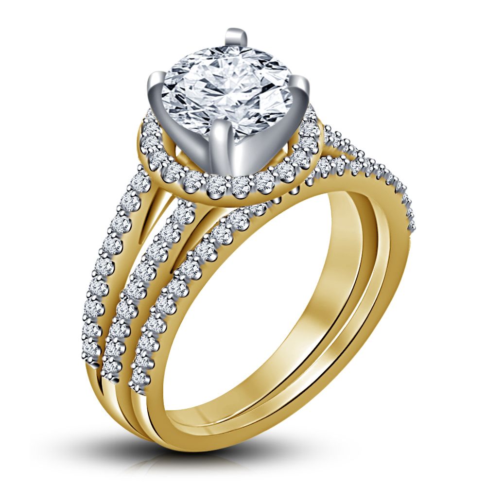 14K Yellow Gold Finish Diamond Bridal Engagement Ring Round Wedding Set 925 Sterling Silver