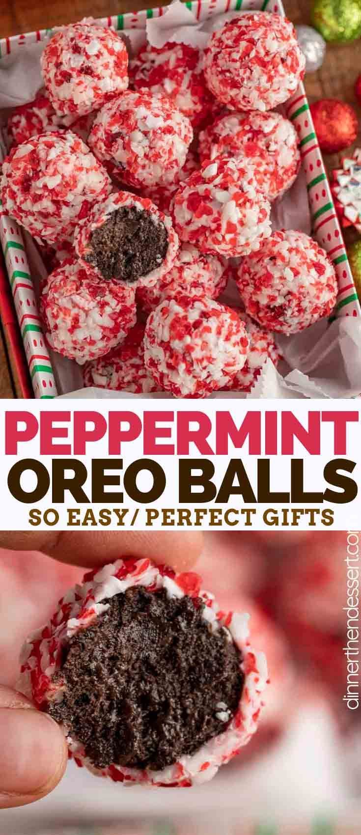 Peppermint Oreo Balls are crushed Oreo cookies and cream cheese dipped in sweet chocolate then rolled in crushed peppermint candies. #oreos #peppermint #creamcheese #easy #dessert #holiday #christmas #candy #truffles #dinnerthendessert Christmas Food Desserts, Köstliche Desserts, Christmas Cooking, Cookies Recipes Christmas, Delicious Desserts, Christmas Baking Easy, Holiday Recipes Christmas Desserts, Christmas Snacks Easy, Healthy Christmas Treats