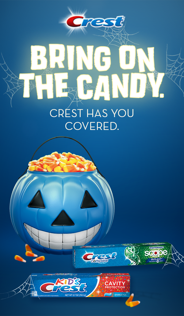 Share some treats from their stash, we won’t tell! Just be sure you turn to Crest Complete and they use Kid's Crest with Cavity Protection afterward. They protect against cavities so you can end Halloween with a fresh feeling – no matter how much you've indulged. Share some treats from their stash, we won’t tell! Just be sure you turn to Crest Complete and they use Kid's Crest with Cavity Protection afterward. They protect against cavities so you can end Halloween with a fresh feeling – no matter how much you've indulged.