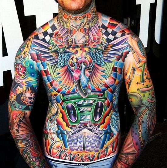 30 Beautifully Colourful Traditional Tattoos Tattoos For Guys Chest Tattoo Chest Piece Tattoos