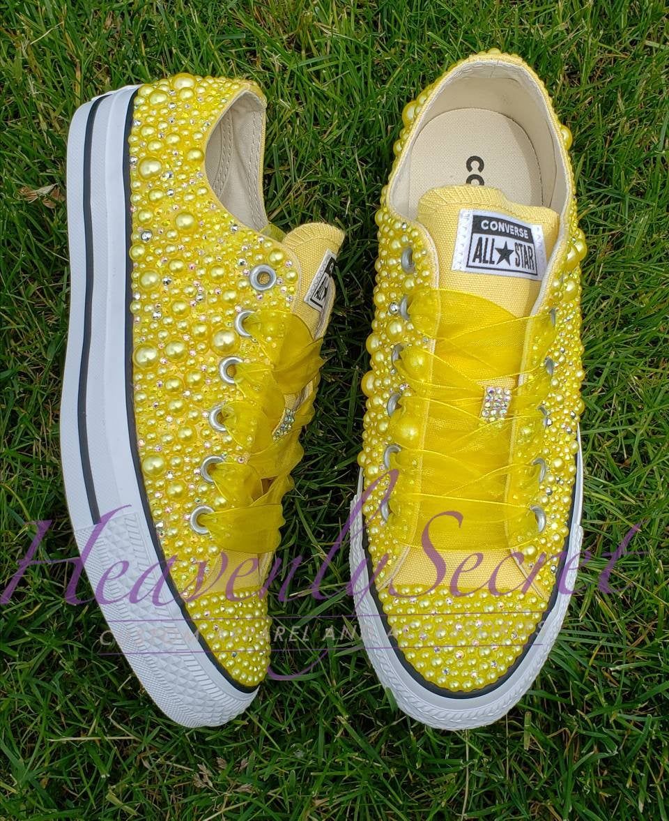 Limited Edition Butter Yellow Low Top Converse All Star Wedding Prom Birthday Graduation Womens Rhinestones Pearls Yellow Converse Converse All Star Converse Wedding Shoes