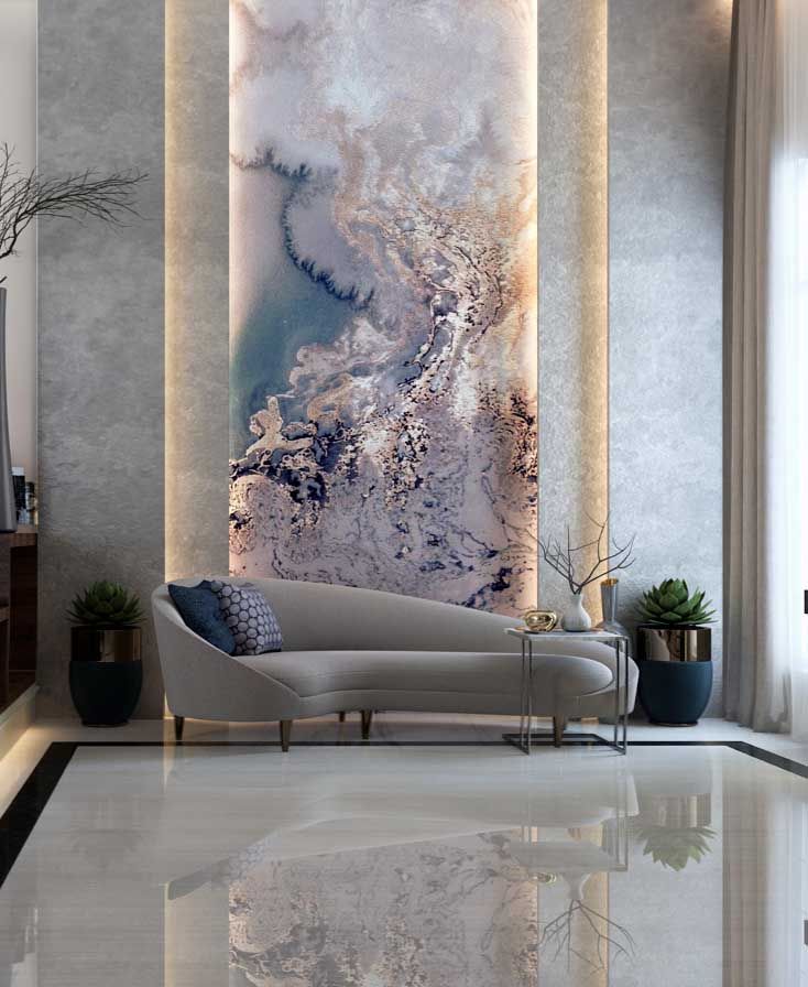 Gorgeous Living room with curved sofa, grey velvet curved sofa