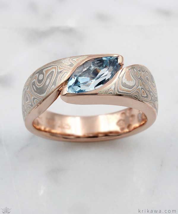 Mokume Wave Verlobungsring mit Aquamarin im Marquise-Schliff! Hier in 14k abgebi..., #14K #a... #aquamarineengagementring