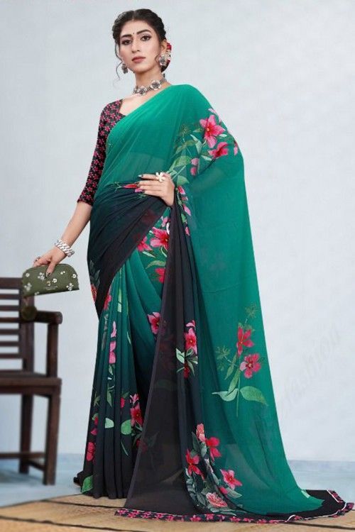 Persian Green Georgette Printed Saree $ 62 Latest Indian Saree, Indian Sarees, Sari Design, White Saree, Fantabulous, Traditional Sarees, Georgette Sarees, Printed Sarees, Saree Collection