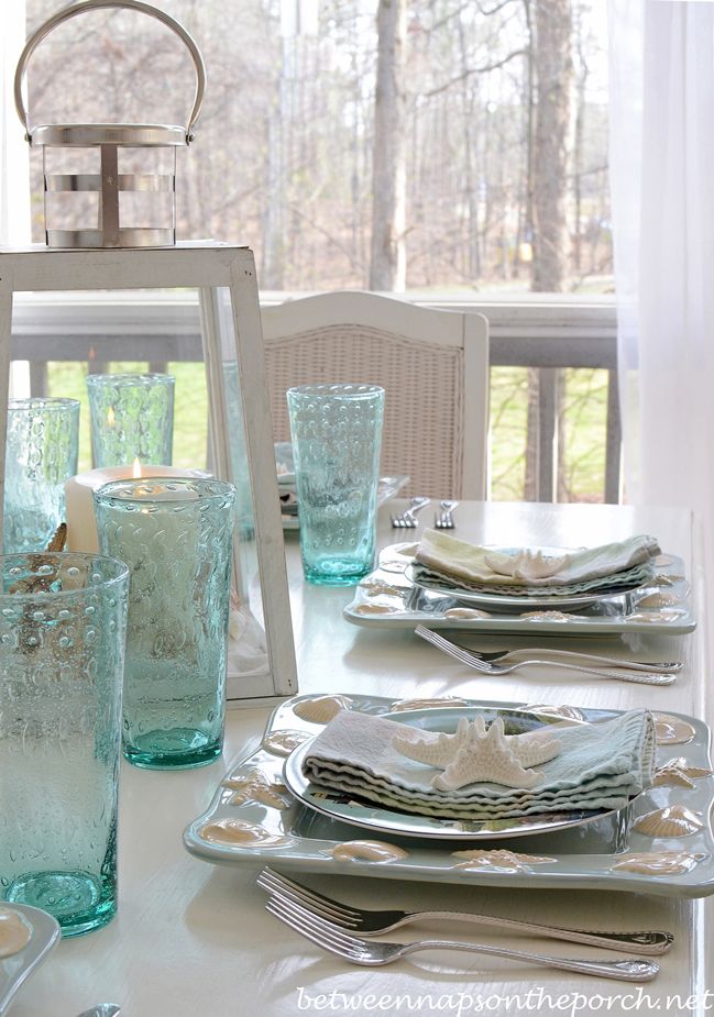 Beach Table Setting With Lighthouse Lantern Centerpiece | Lantern ... Beach Table Setting With Lighthouse Lantern Centerpiece | Lantern ...