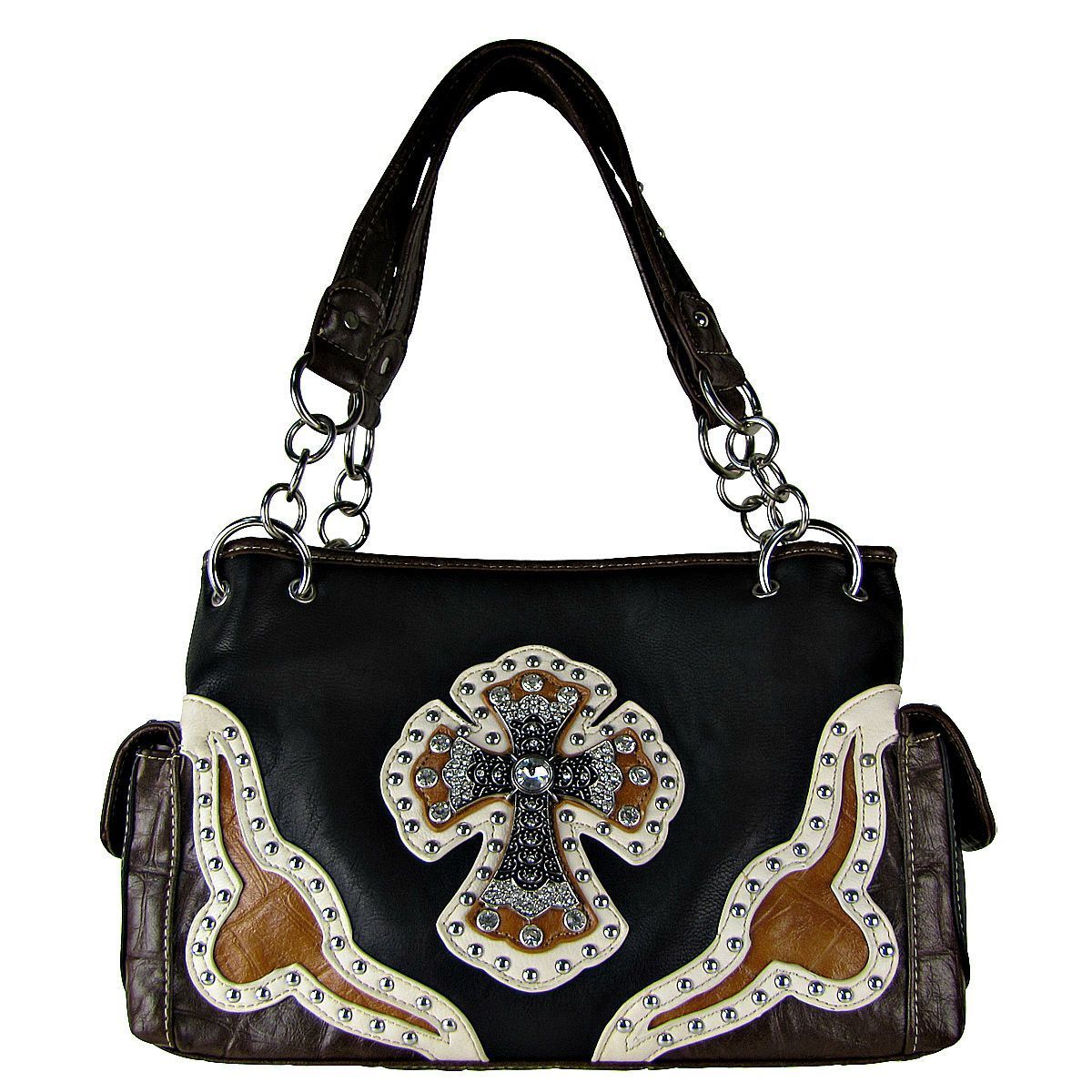 BLACK WESTERN RHINESTONE CROSS LOOK SHOULDER HANDBAG CONCEALED CARRY WESTERN BAG