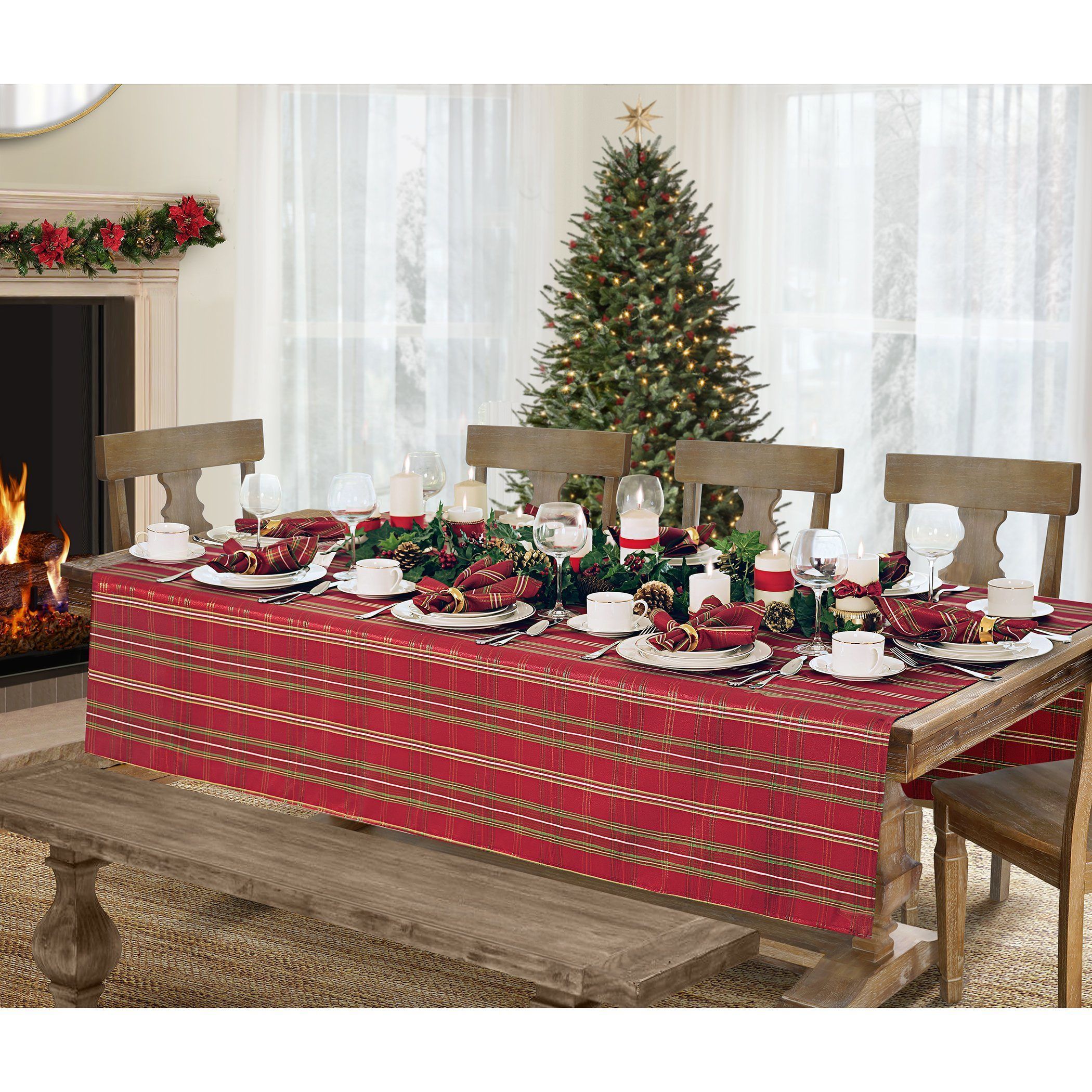 Shimmering Plaid Tablecloth in 2021 Christmas table cloth, Christmas