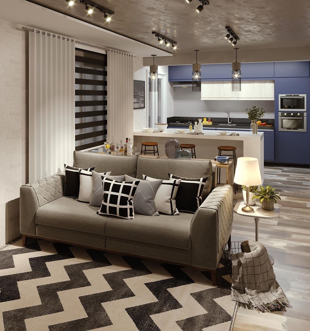Tendência no design e na decoração de interiores, as estampas geométricas são usadas em diversos cômodos e elementos. Confira ideias! Living Room Decor Apartment, Living Room Diy, Living Room Kitchen, Home And Living, Fireplace Mantle Decor, Sala Grande, Small Apartments, Modern Interior Design, House Interior