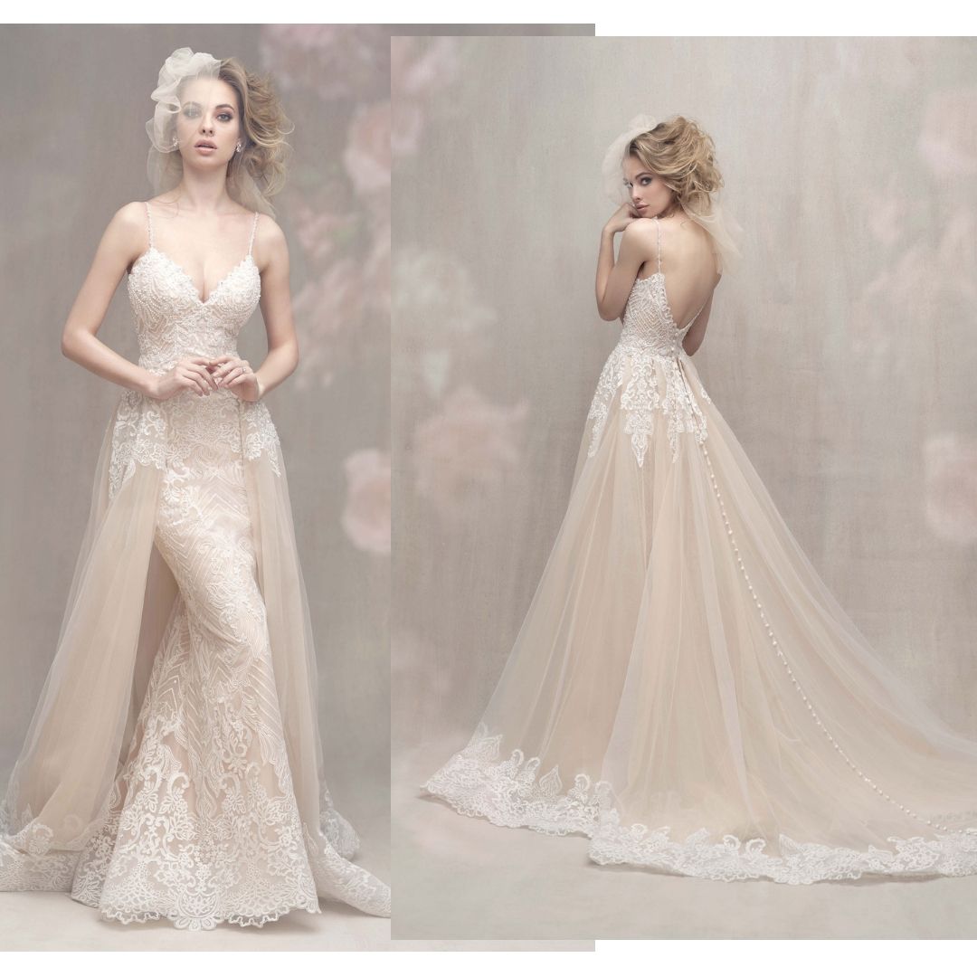 lace sheath wedding dress with tulle overskirt