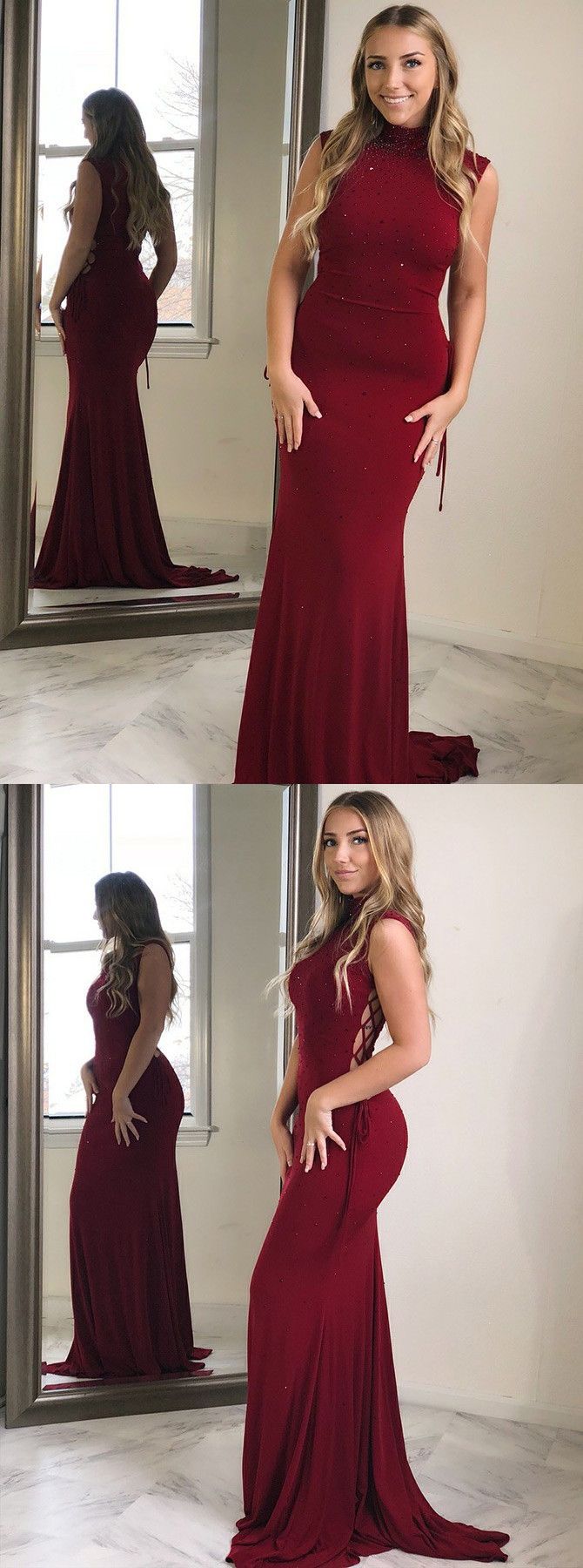 Eng anliegende Hoher Hals Dunkelrot Elasthan Ballkleid mit