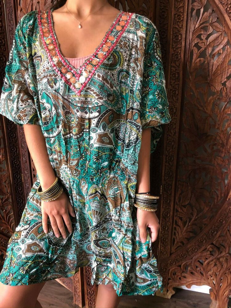 summer wear short tunic bohemian hippie dress cotton long dress boho hippie beach wear bikini cover up floral print kaftans short kaftan