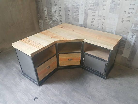 Industrial steel and distressed solid pine corner tv Cabinet