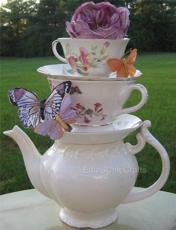 Stacked Teapot with Mixed Blooms and Greenery