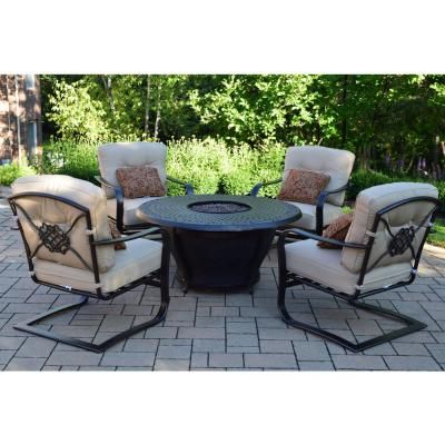 Oakland Living Caledonia 5 Piece Aluminum Patio Fire Pit Conversation Set With Oatmeal Cushions Sets Gas Firepit Aluminum Patio Fire Pit, Oakland Living Outdoor Furniture