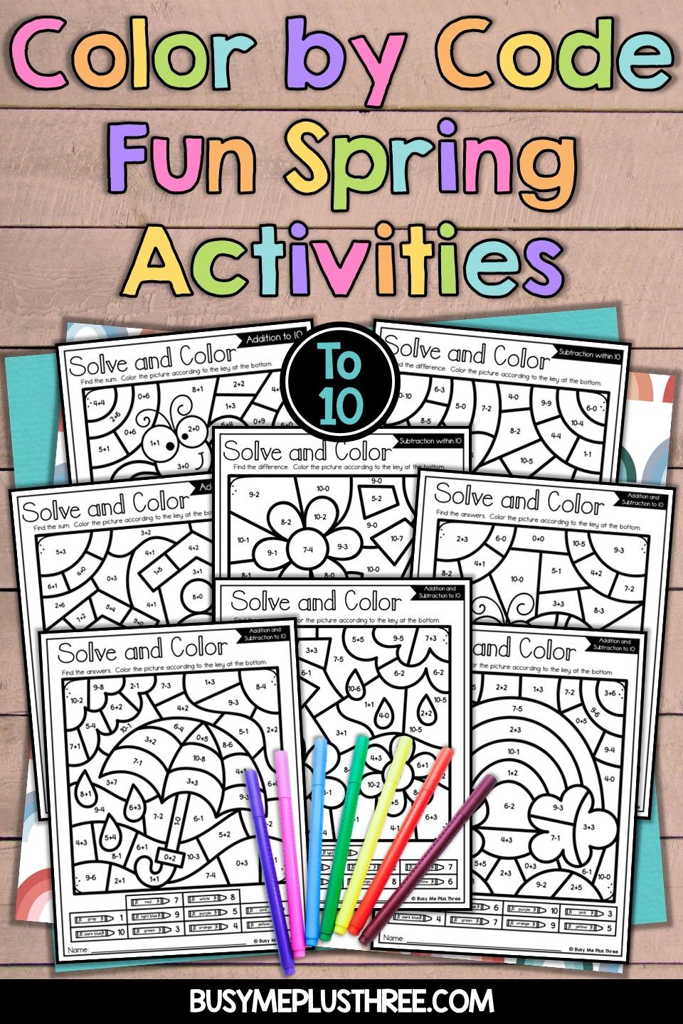 Color by Code Spring Math Activities Addition and Subtraction to 10 Rainbow