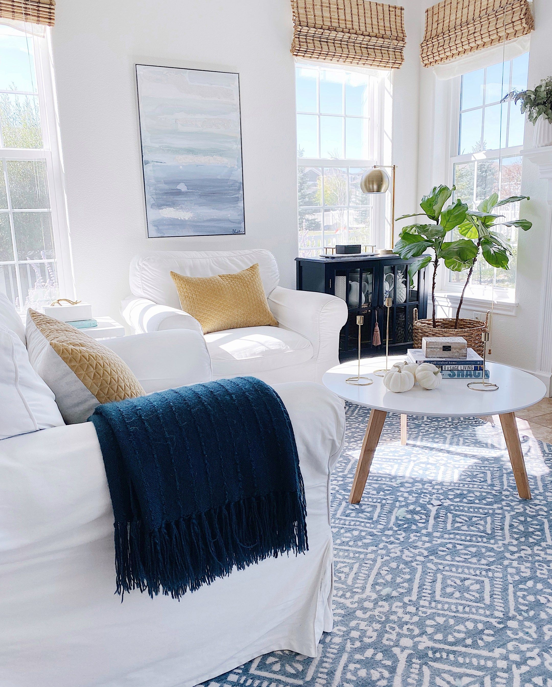 Decorating For Fall With Blue And White Keeping It Simple In Our Hearth Room Living Area Jane At Home Living Room Designs Trending Decor Living Room