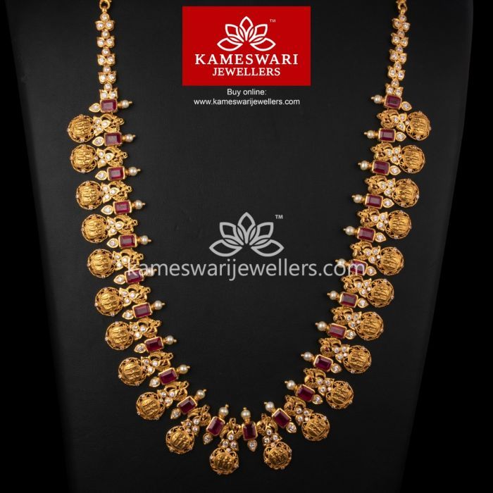 Buy Necklaces Online | Square Ruby Highlight Ramparivar from Kameswari Jewellers Pearl Necklace Designs, Gold Jewelry Simple Necklace, Gold Pendant Jewelry, Gold Earrings Designs, Gold Designs, Ruby Necklace, Elegant Necklaces, Gold Temple Jewellery, Bridal Gold Jewellery Designs