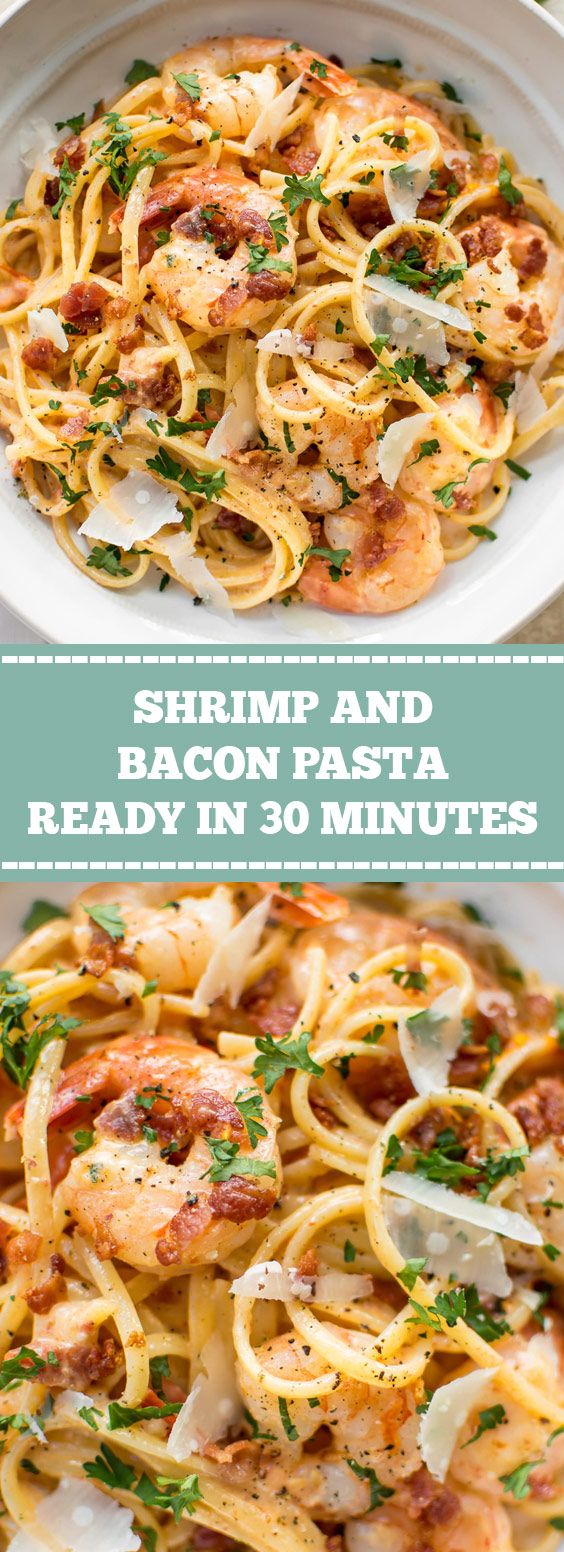 Shrimp and Bacon Pasta - Ready in 30 Minutes #quick #dinner #cheesy #shrimpseasoning