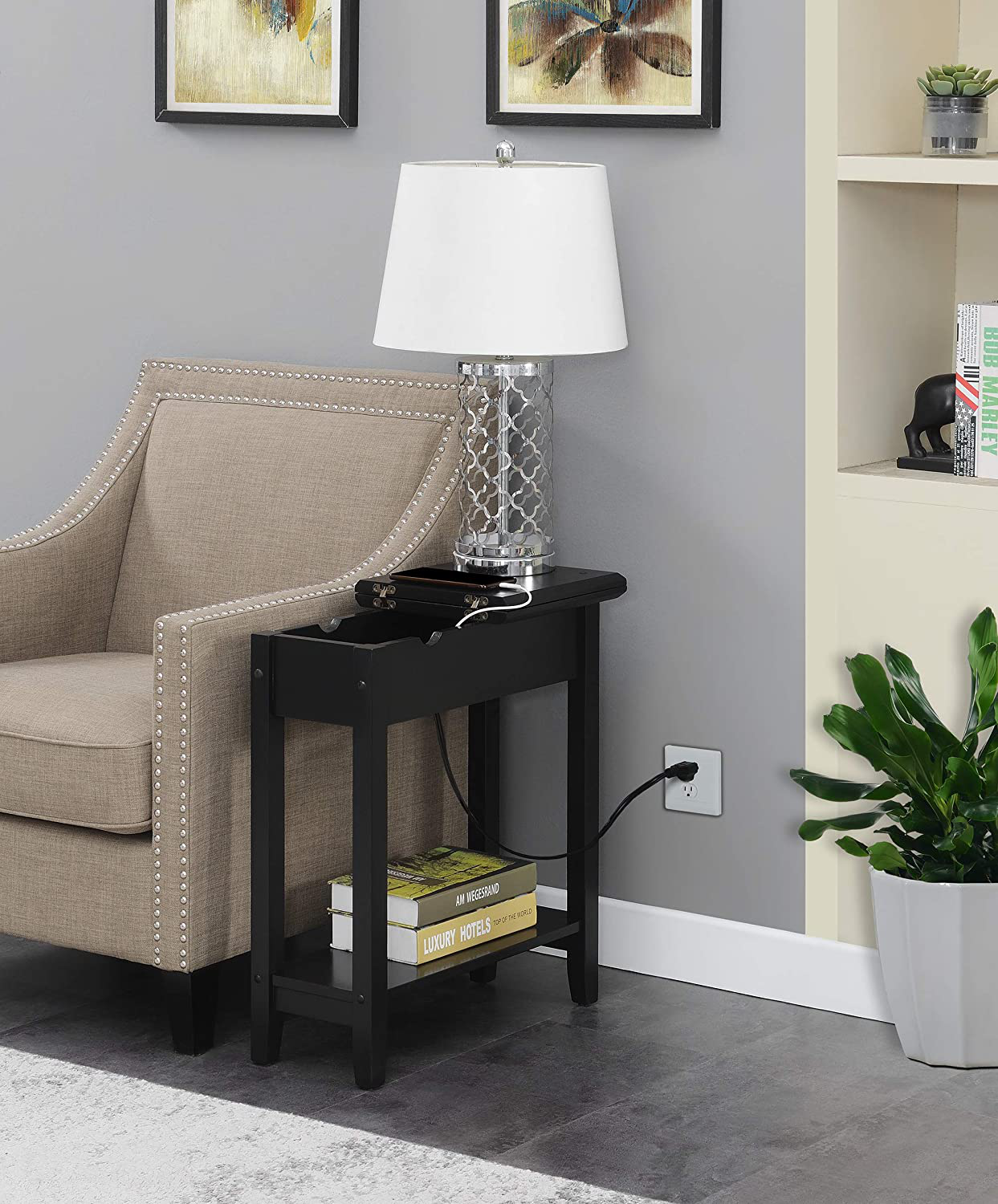 White Convenience Concepts American Heritage Flip Top End Table with Charging Station and Shelf White Convenience Concepts American Heritage Flip Top End Table with Charging Station and Shelf