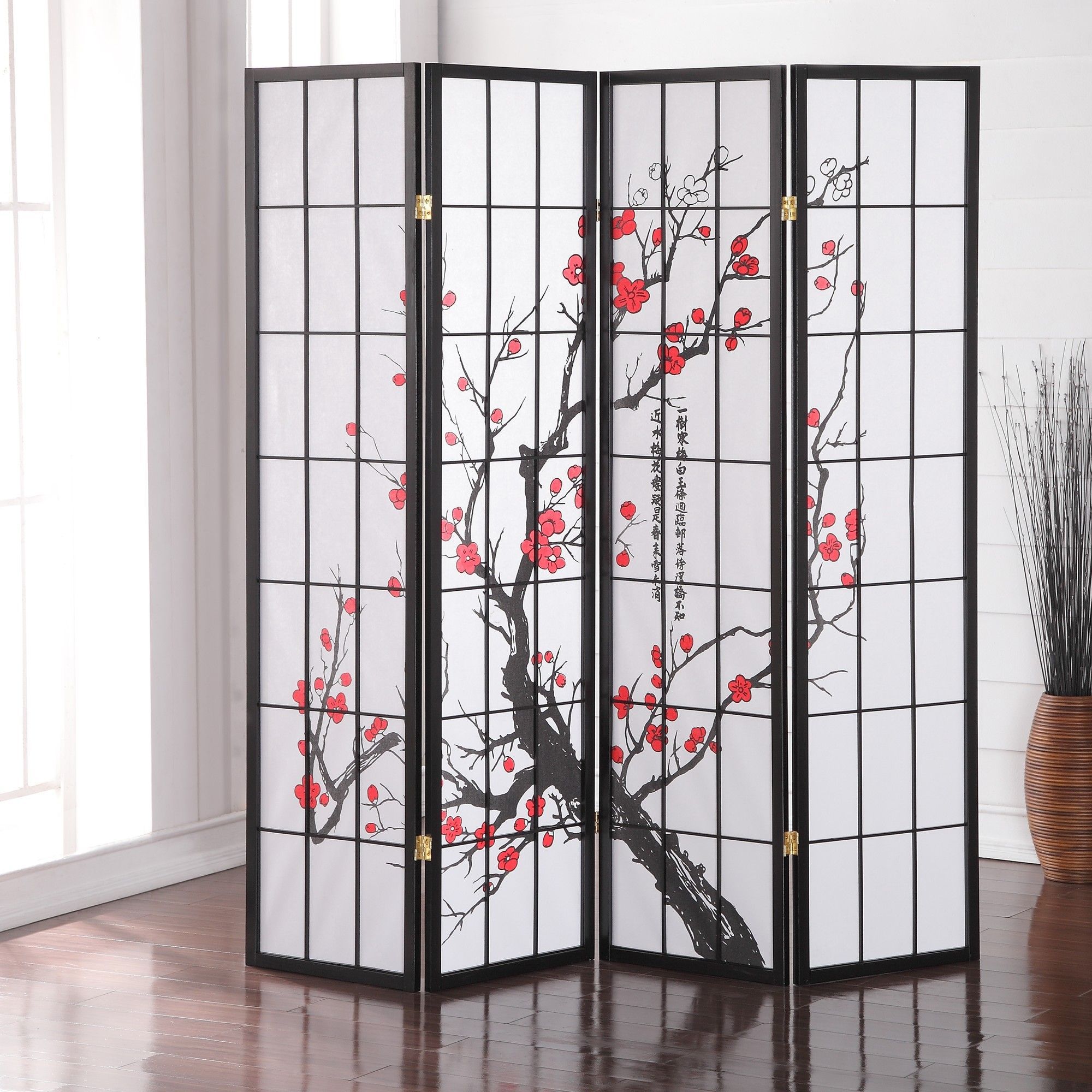 Roundhill Furniture 71 X 72 Japanese Plum Blossom 4 Panel Room Divider Room Divider Screen Wooden Room Dividers Japanese Room Decor