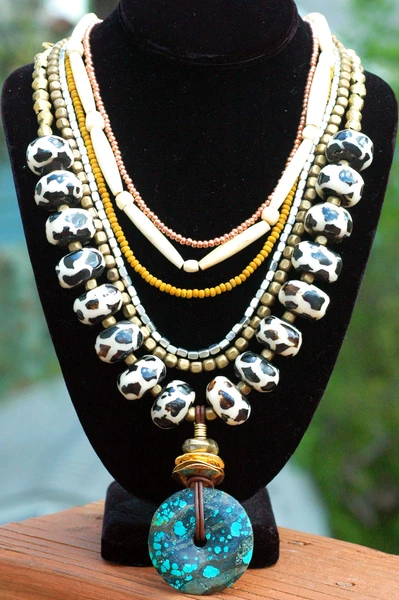 Black and Turquoise African layered necklace,Black Brass African necklace,Turquoise beaded African jewelry