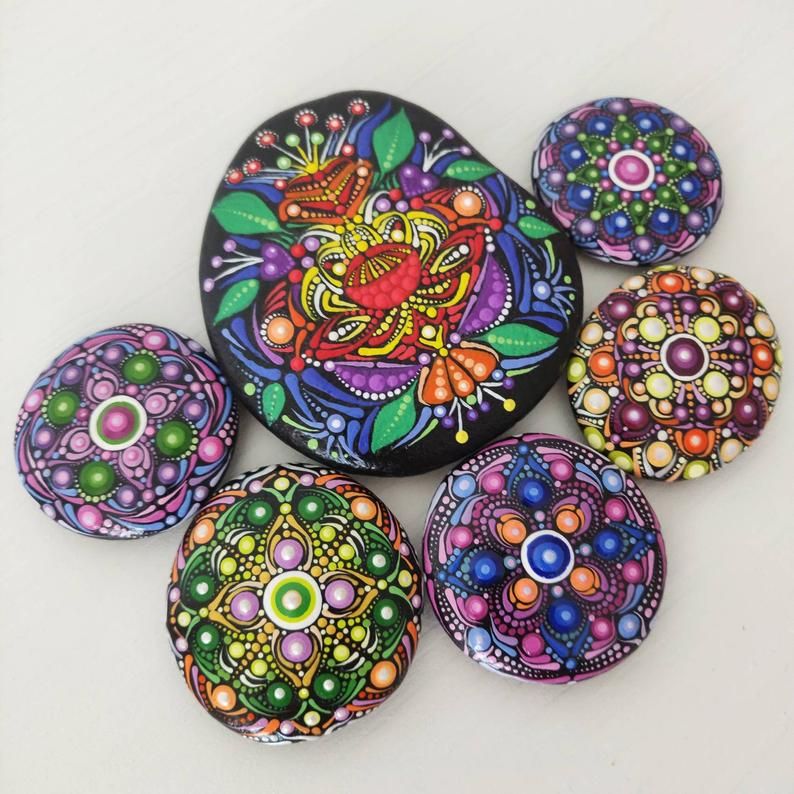 painted stone art Big folk dot art flower art painted rock Flowers painted on rock in volk art style