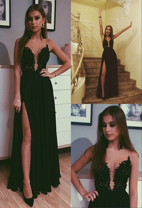 A-Line Chiffon Black Prom Dress with Appliques Beading Split Long Evening Dress ...