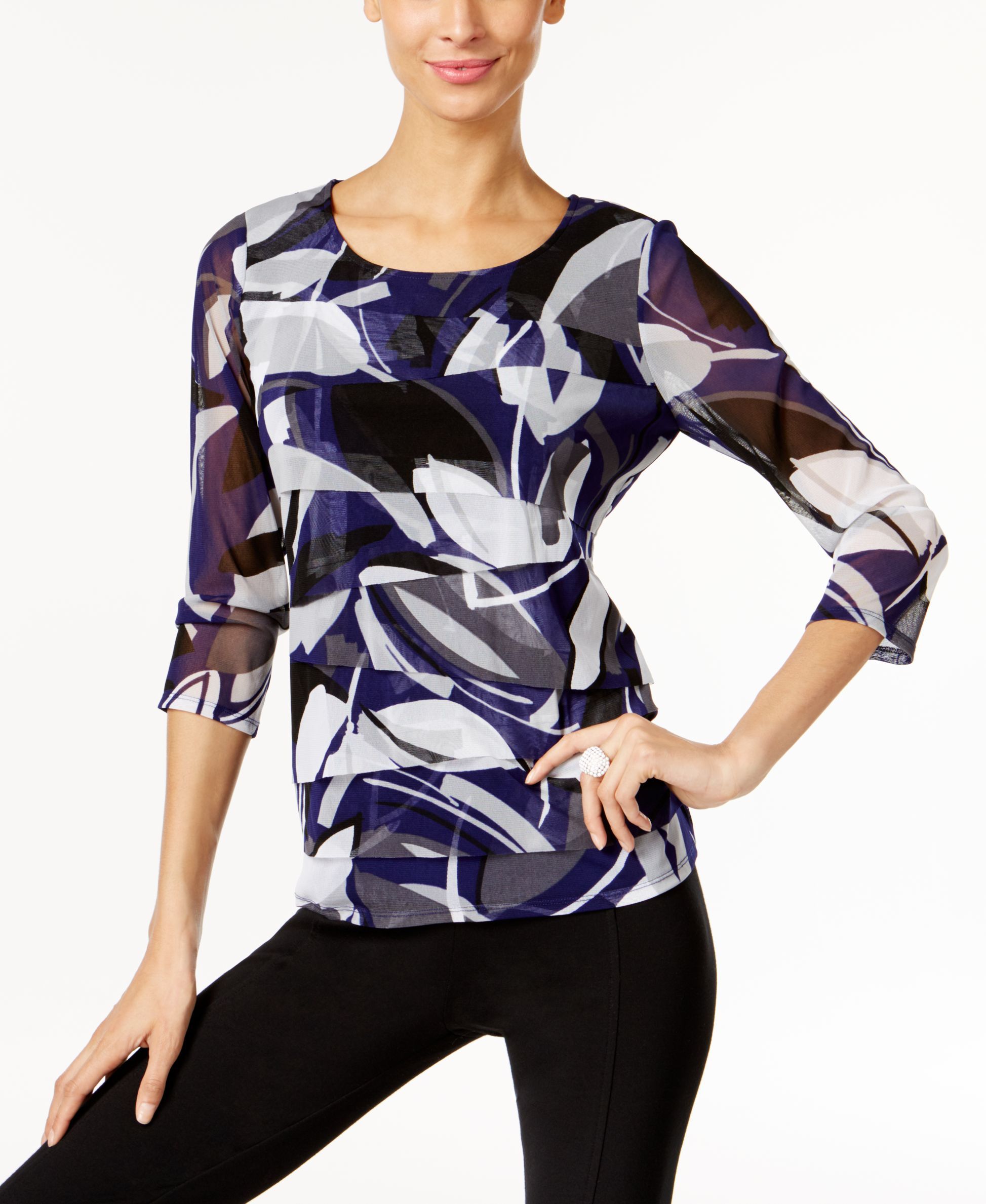 Alfani Petite Printed Tiered Mesh Top