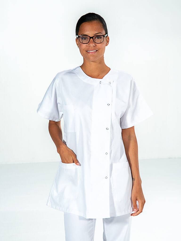 Hurry Jump Label Blouse Tunique m/édicale Col Rond 3 Poches Manches Courtes Serg/é 210 gramme Couleurs Blanc Vert Pressions inoxydables Lavage Machine 90 degr/és ou Industriel