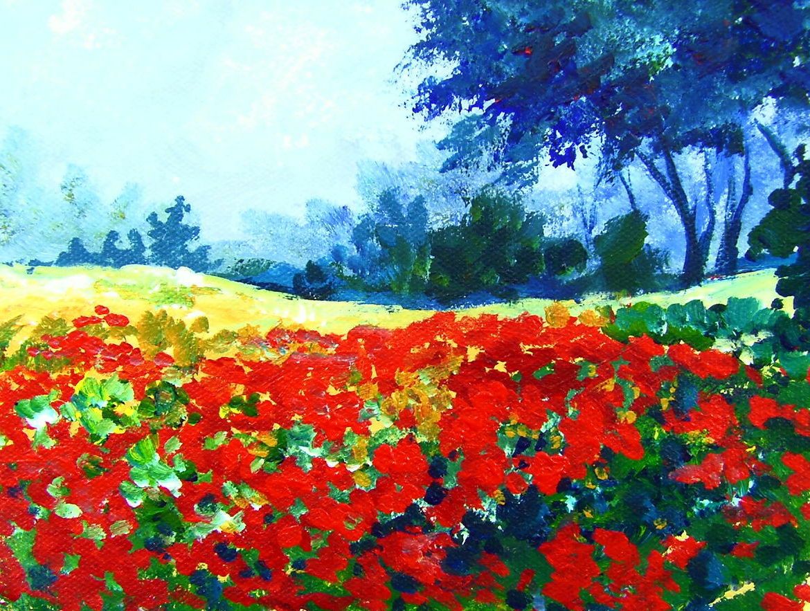 French Poppies: A misty background with blue grey overtones highlights the striking contrast of the bold red floweres ;and complimentary greens. #gingercooklive #art Acrylic Painting Lessons, Oil Painting, Liquitex, Poppy Field, Misty, Painting Inspiration, Art Tutorials, Impressionist, Color Splash