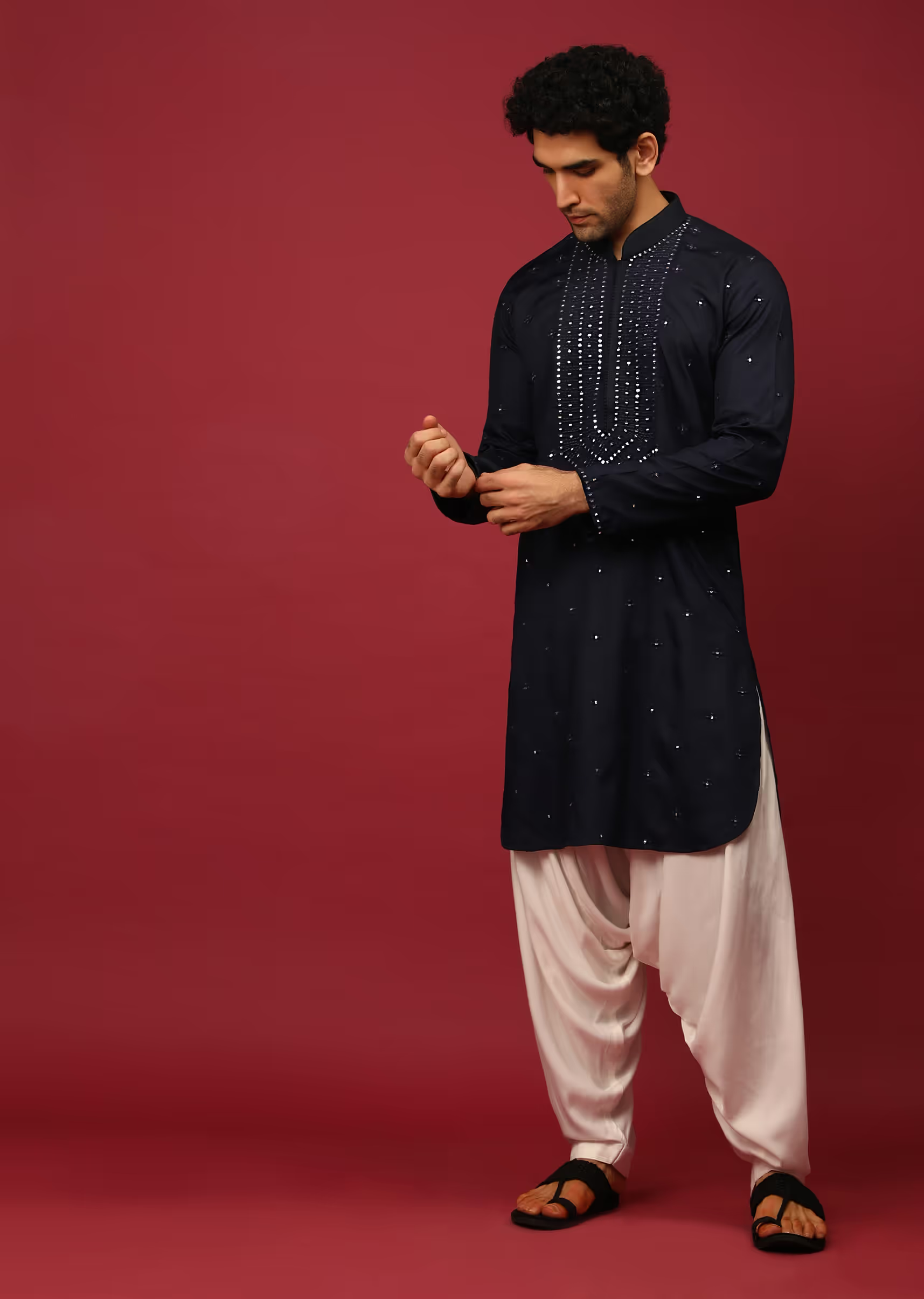 Midnight Blue Pathani Suit In Cotton With Mirror And Thread Embroidered midnight-blue-pathani-suit-in-cotton-with-mirror-and-thread-embroidered