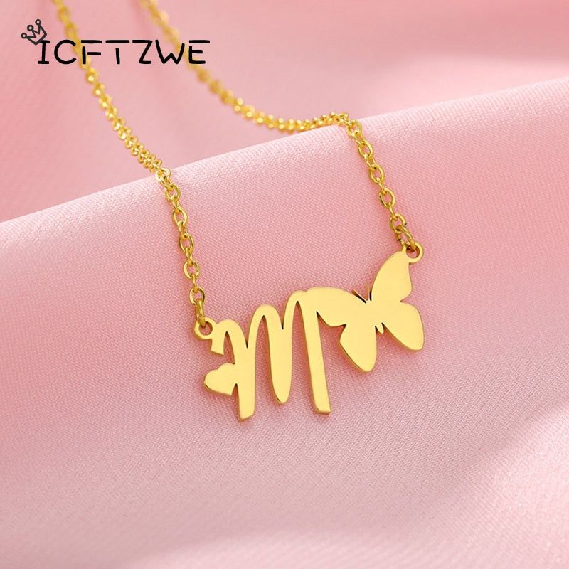 Initial Necklace With Butterfly For Women Stainless Steel Gold A Z ...