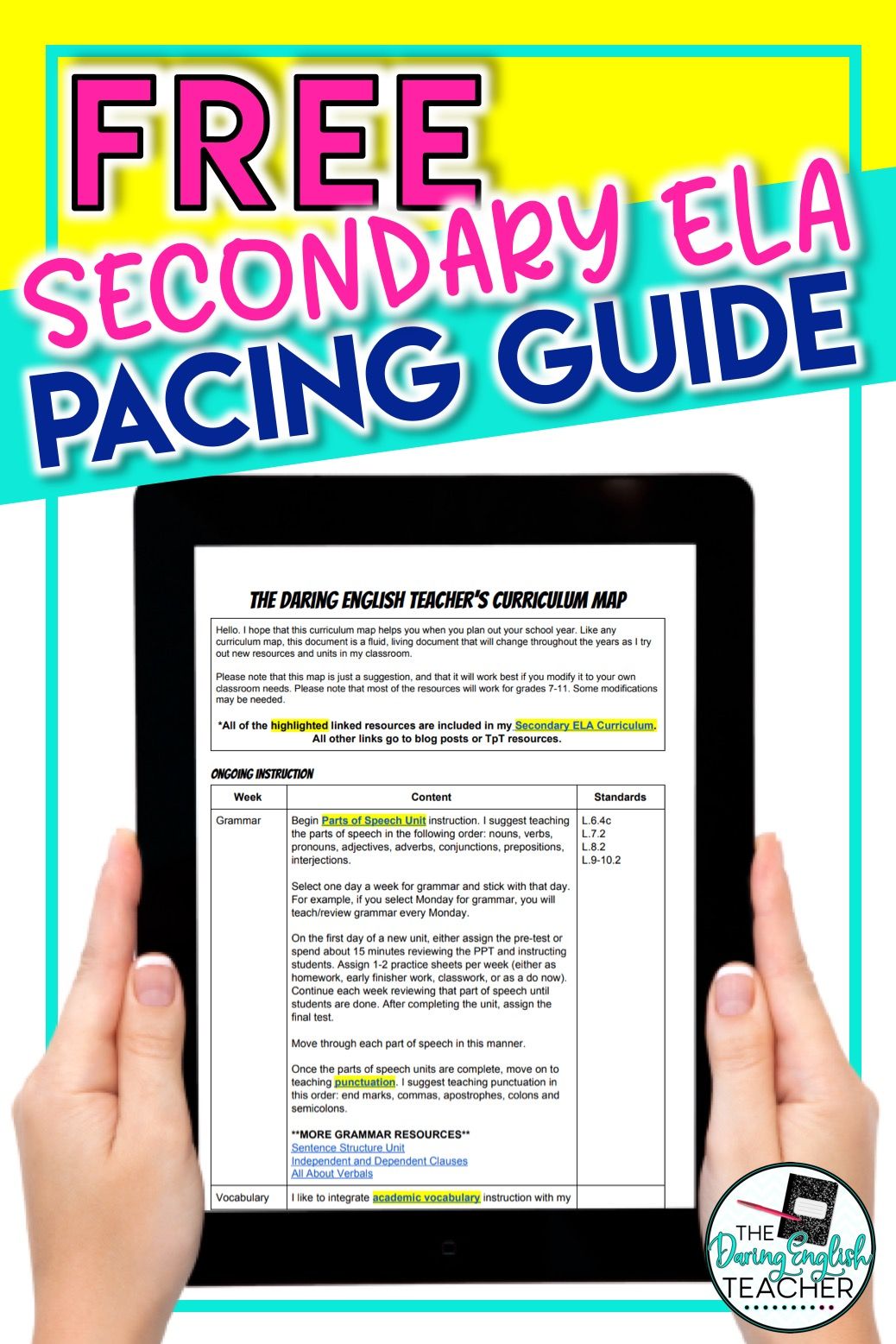 Free Secondary ELA Pacing Guide Curriculum mapping