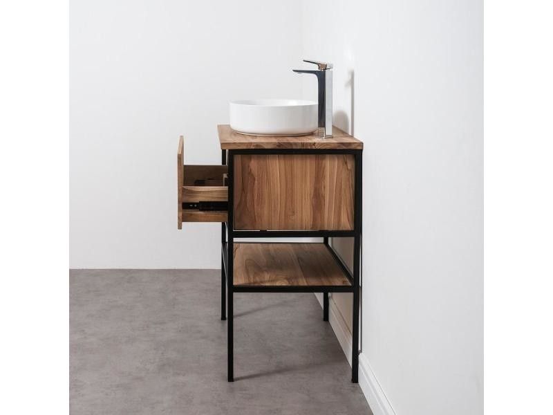 Meuble Salle De Bain Factory En Teck Et Metal Blanc 60 Cm Avec Plan Vasque Meuble Salle De Bain Salle De Bain Meuble De Salle De Bain