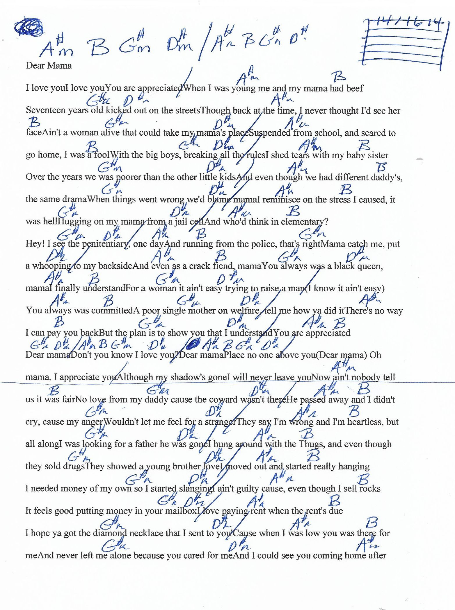 Dear Mama Tupac Shakur Guitar Chord Chart Page 1 Of 2 With