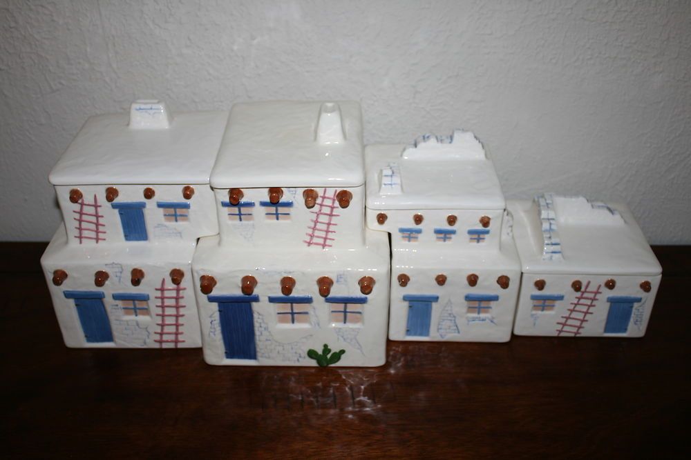 Southwest Decor Pueblo Adobe House Ceramic Canister Set Blue Pueblo Adobe House Ceramic Canister Set