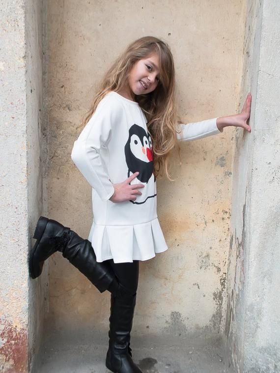 Girls white winter frill dress with printed penguins. Long sleeved ... Girls white winter frill dress with printed penguins. Long sleeved ...