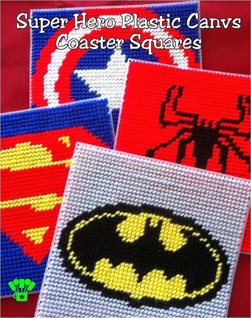 Super Hero Coaster Plastic Canvas Pattern | DIY Party Mom Plastic Canvas Coasters, Plastic Canvas Stitches, Plastic Canvas Ornaments, Plastic Canvas Tissue Boxes, Plastic Canvas Patterns Free, Plastic Canvas Crafts, Painting Plastic, Canvas Projects, Diy Canvas