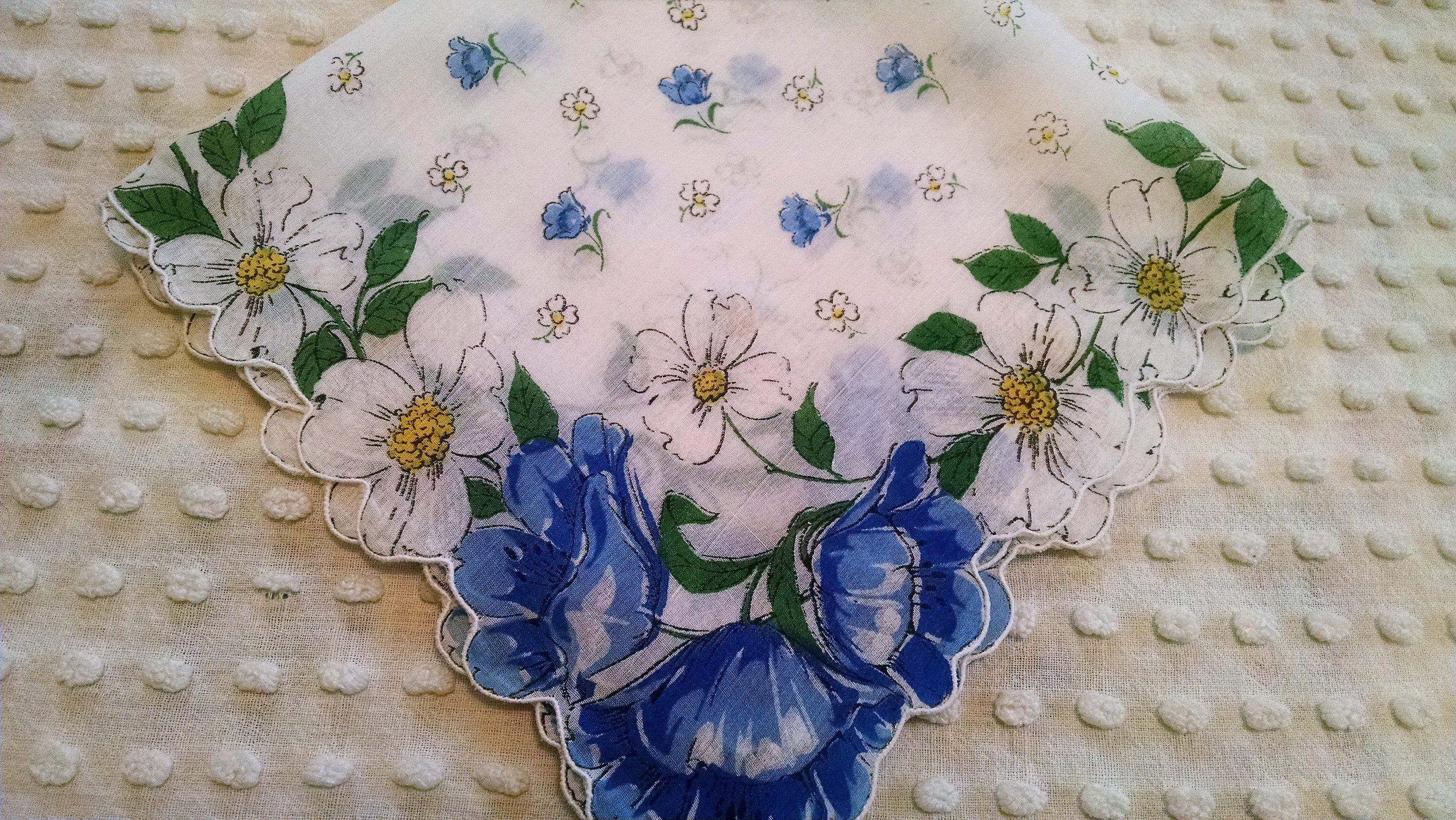 Vintage Blue Tulip and Yellow Leaf Handkerchief
