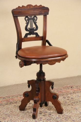 swivel 1880 eastlake antique musician chair or piano stool leather