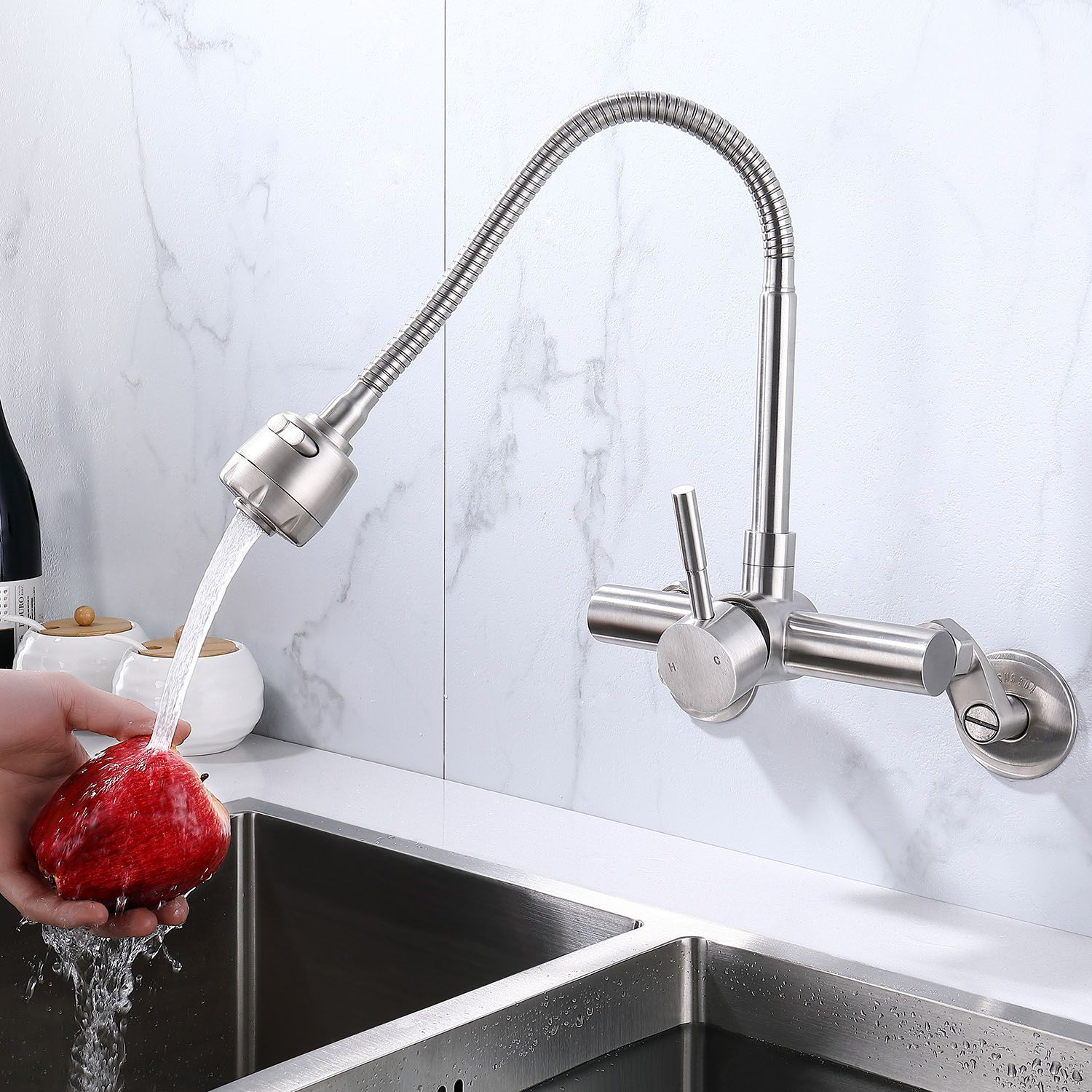 Wall Mounted Stainless Steel Mixer Tap Kitchen Sink Faucet Kitchen Sink Wall, Kitchen Faucet Styles, Wall Mounted Kitchen Faucet, Modern Kitchen Faucet, Wall Mounted Taps, Kitchen Faucet With Sprayer, Kitchen Mixer Taps, Wall Mount Faucet, Kitchen Sink Faucets